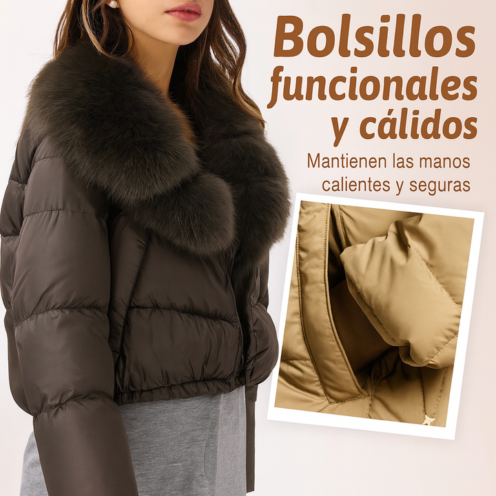 Victoria - Chaqueta corta moderna y cálida con cuello de piel sintética (relleno de plumón de pato blanco)