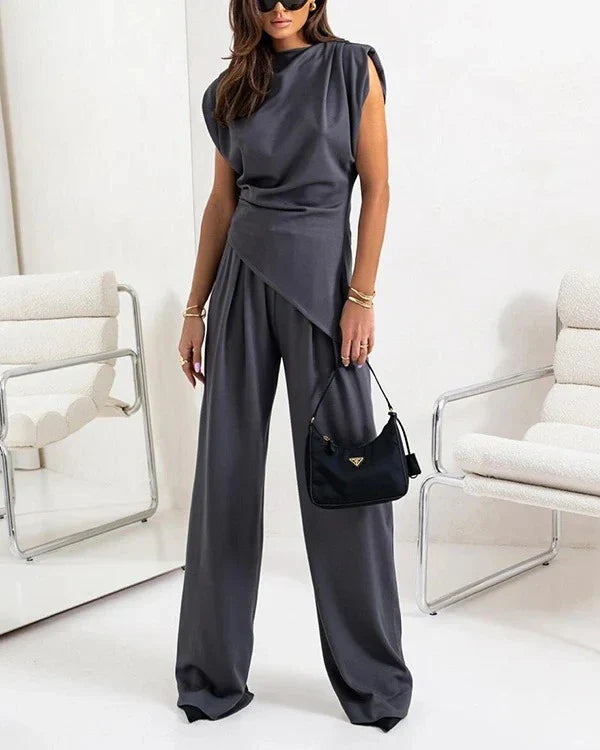 Victoria – Conjunto elegante de top irregular y pantalón de pierna ancha