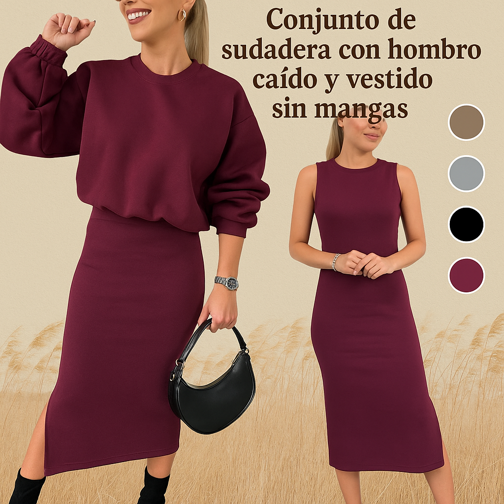 Livia - Conjunto de mujer con hombros caídos, sudadera y vestido sin mangas