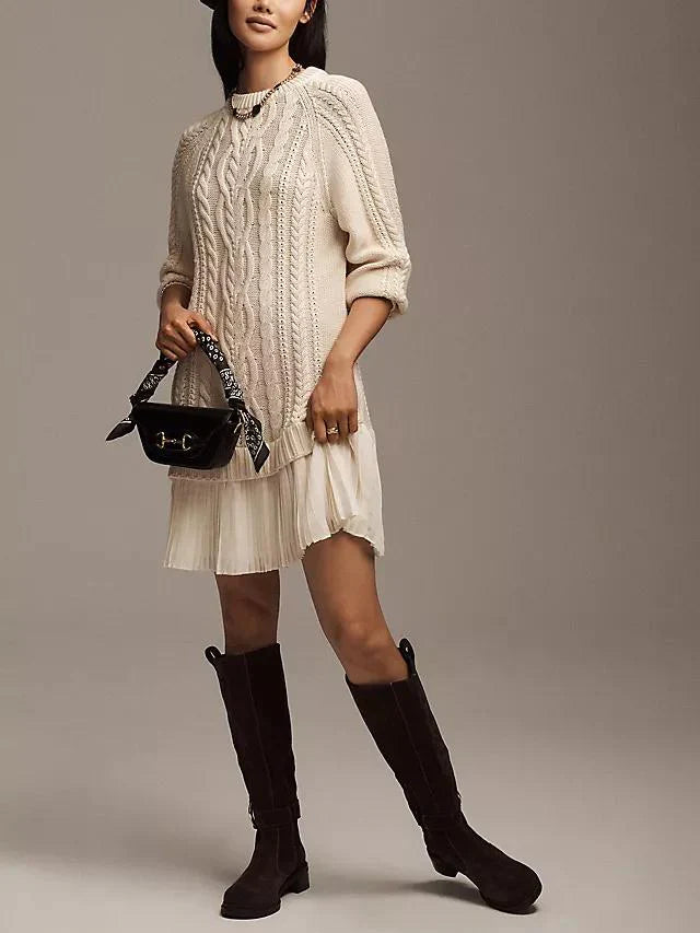 Olga - Jersey de cuello redondo con punto trenzado y minifalda