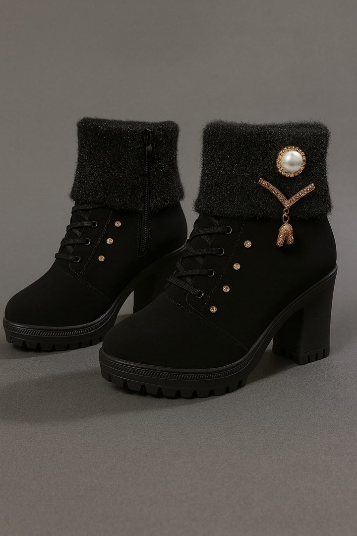 Tania - Botas de tacón grueso con detalle cálido y decorativo