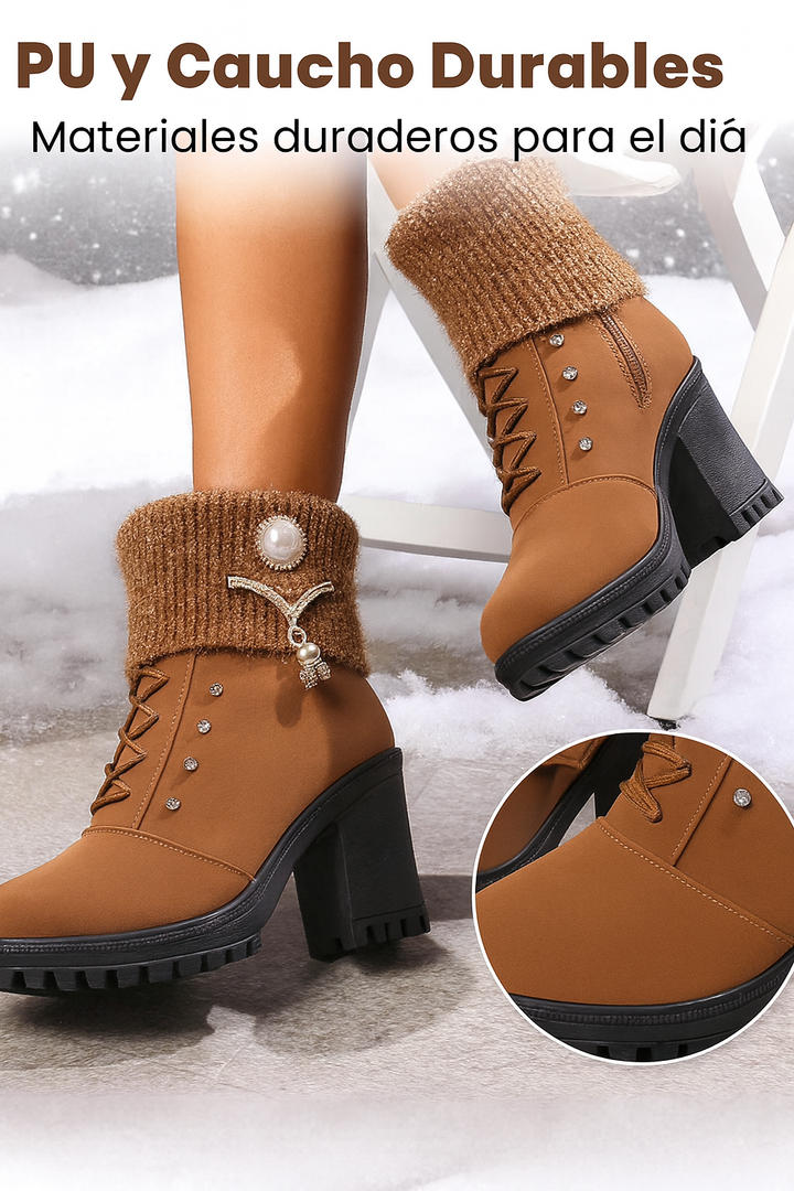 Tania - Botas de tacón grueso con detalle cálido y decorativo
