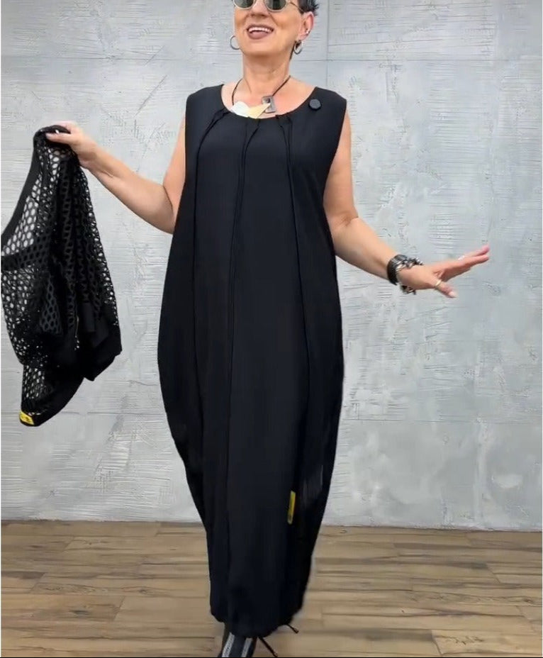 Ava - Conjunto negro de vestido con sobrecamisa calada