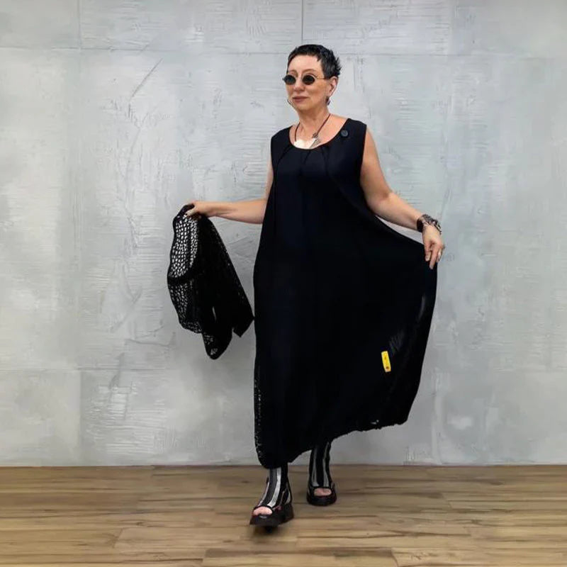 Ava - Conjunto negro de vestido con sobrecamisa calada