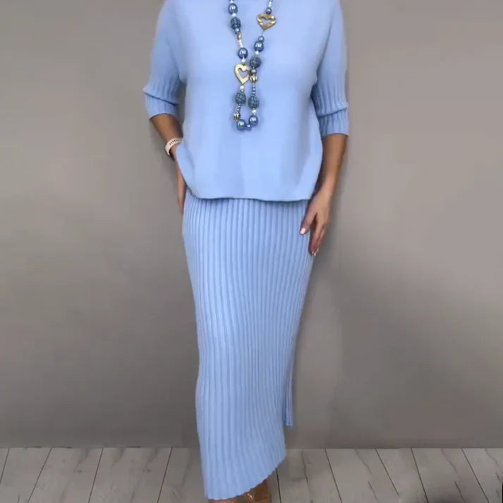 Pilar – Conjunto elegante de punto con jersey y falda midi