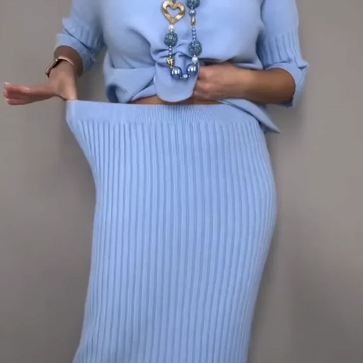 Pilar – Conjunto elegante de punto con jersey y falda midi